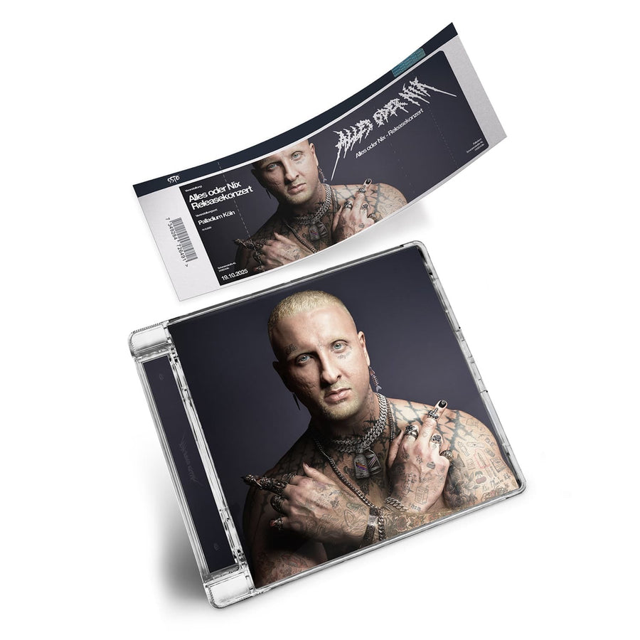 Abbildung von "Alles oder Nix" Releasekonzert-Ticket oben und unterhalb "Alles oder Nix" CD jeweils mit SSIO auf dem Cover